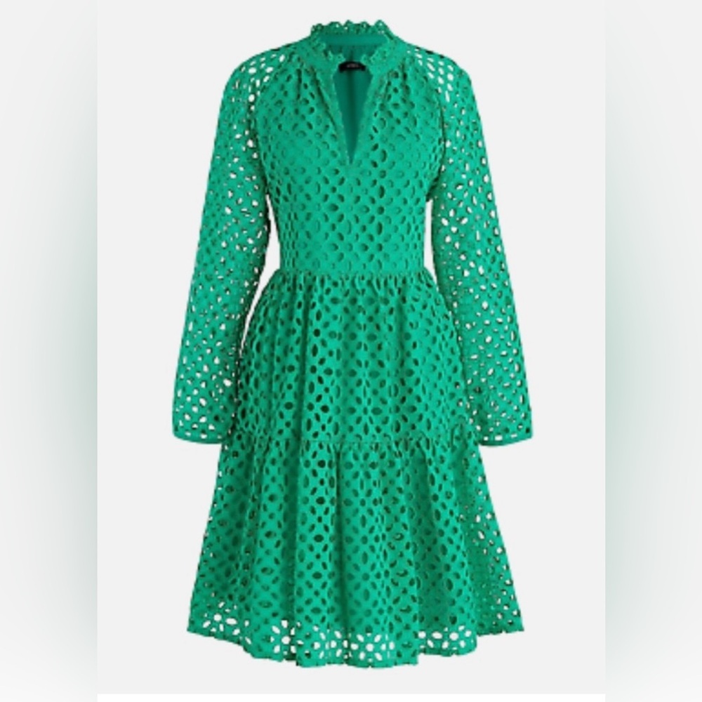 NWT J. Crew Green Eyelet Lace Tiered Long Sleeve Dress Size XS